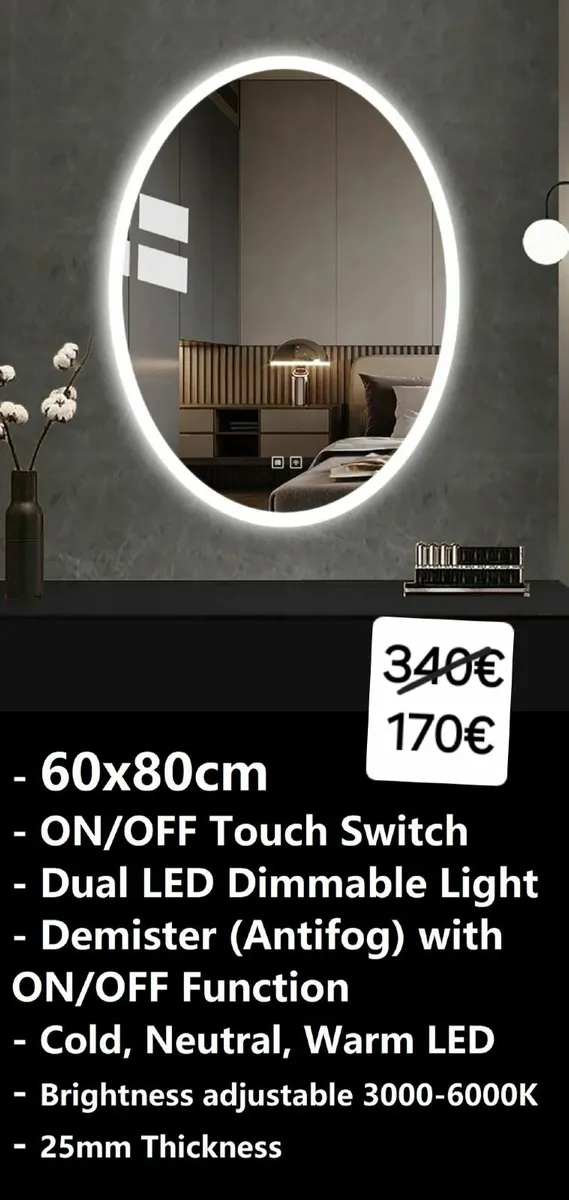 LED Bathroom Mirror Oval Demister Antifog - Image 1