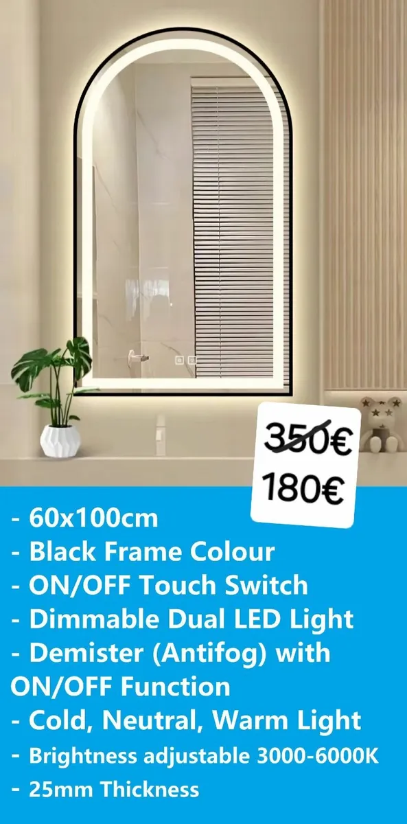 LED Bathroom Mirror Black Frame Demister Antifog - Image 1