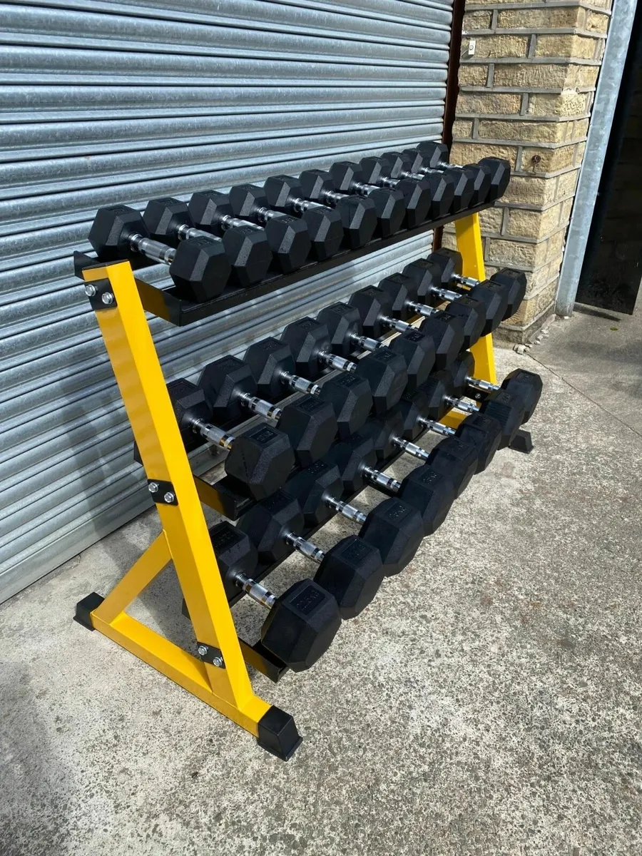 2.5KG - 30KG Rubber Hex Dumbbells Set with Rack - Image 1