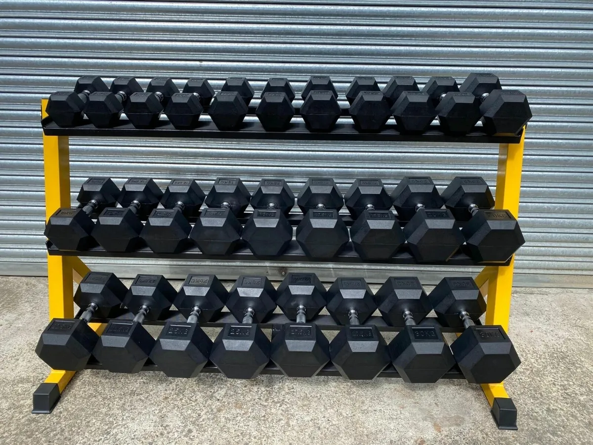 2.5KG - 30KG Rubber Hex Dumbbells Set with Rack - Image 2