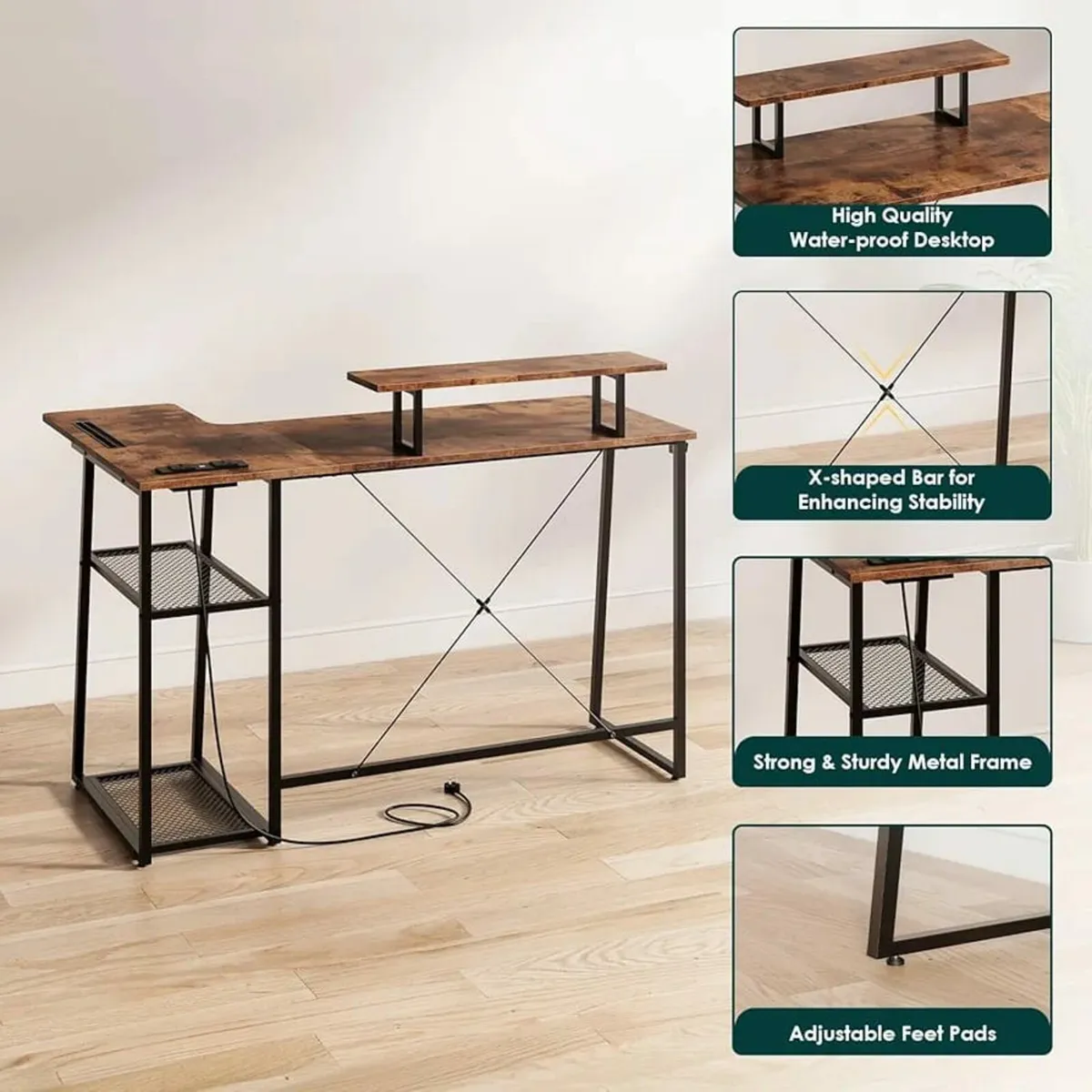 L Shaped Computer Desk with 2-Tier Storage Shelves - Image 4