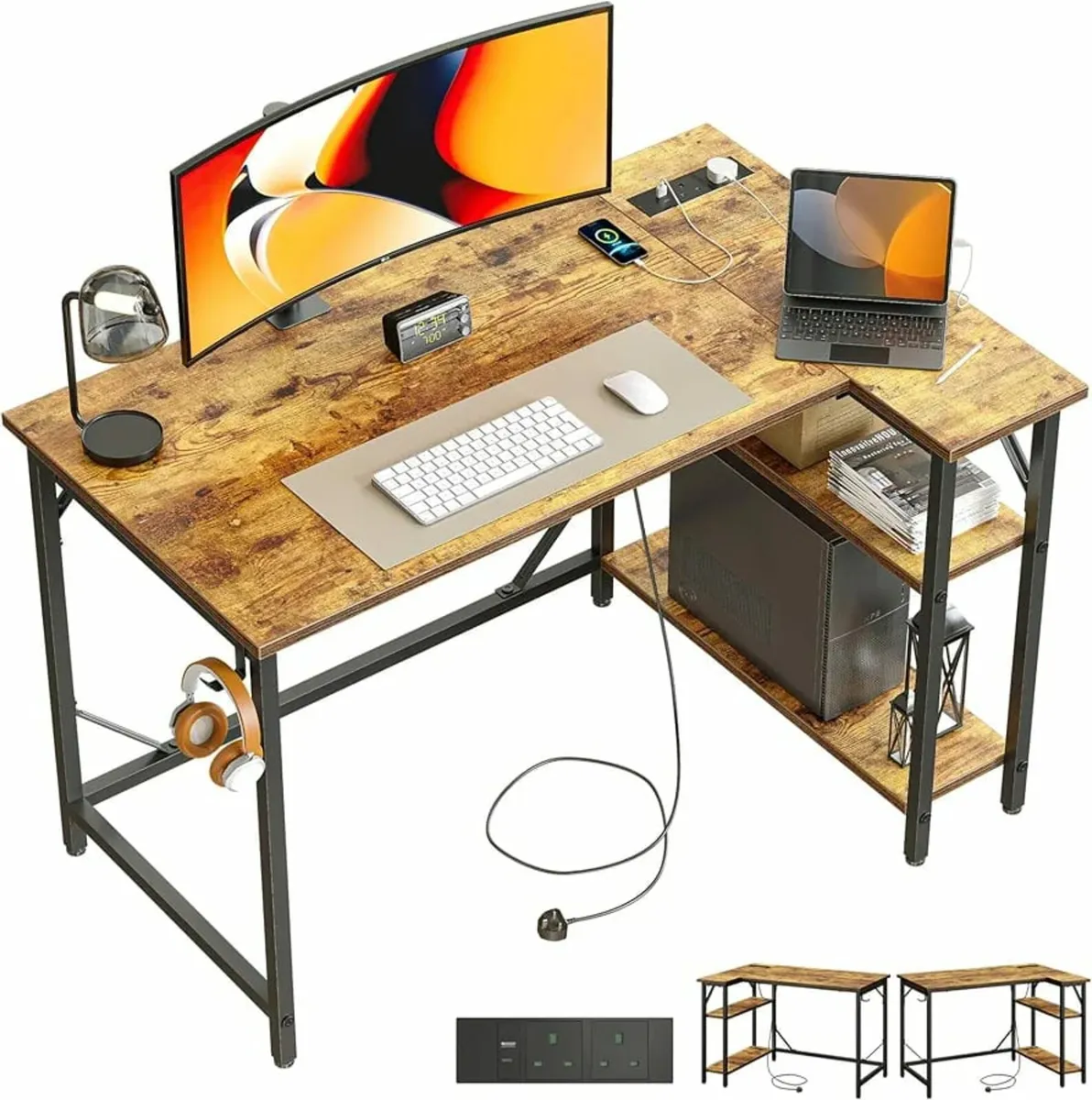 Small L Shaped Desk with Power Outlets&Hooks, 100x - Image 1