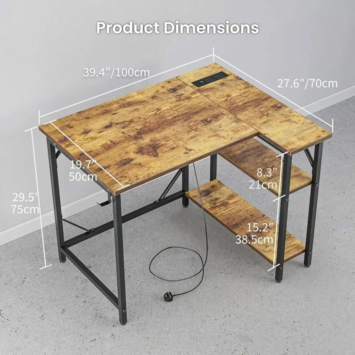 Small L Shaped Desk with Power Outlets&Hooks, 100x - Image 2