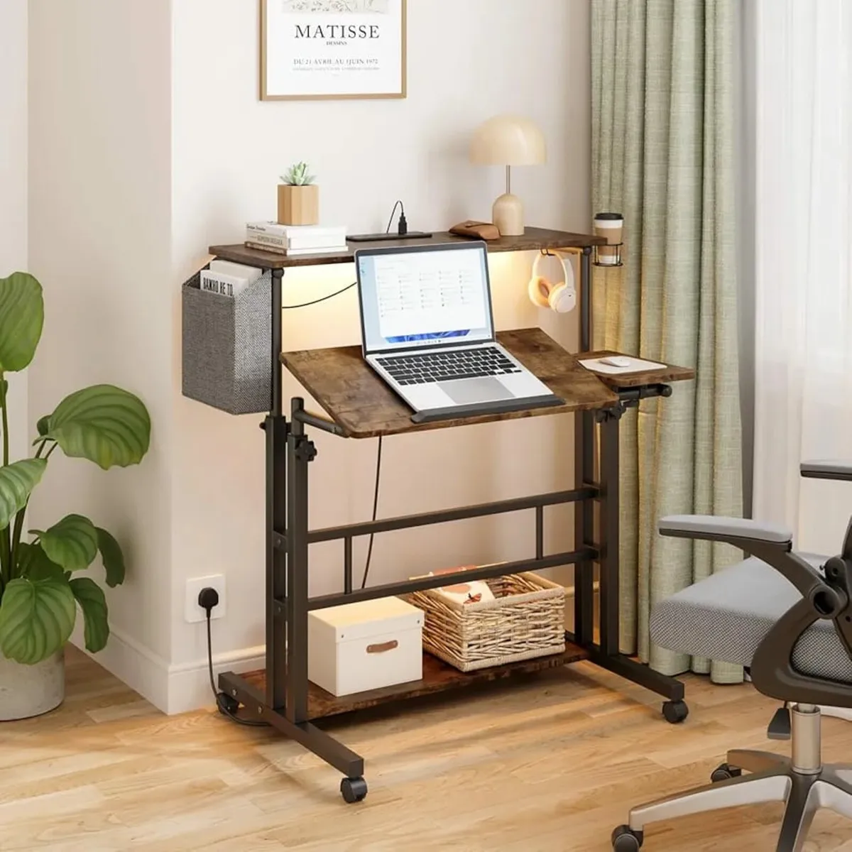 Mobile Standing Desk with Power Outlets & Strip Li - Image 2