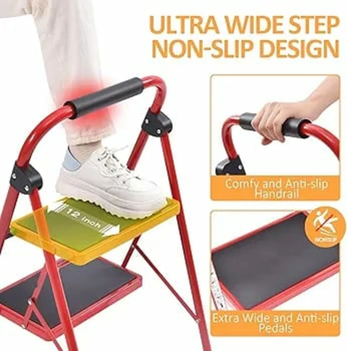 3 Step Ladder, Folding Ladder with Non-Slip and Wi - Image 2