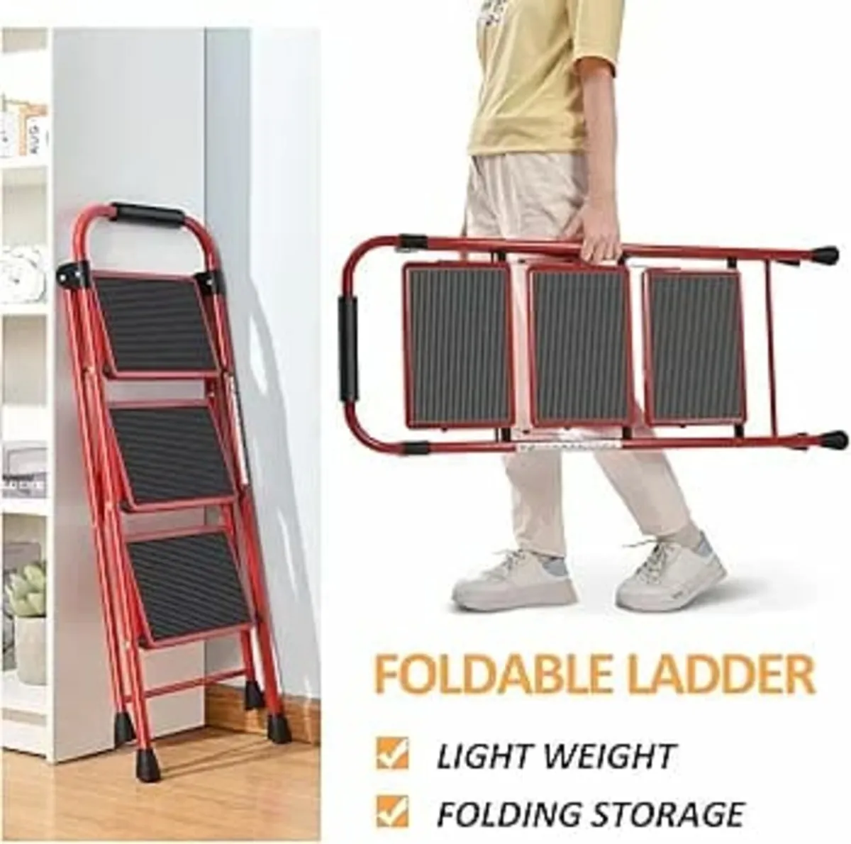3 Step Ladder, Folding Ladder with Non-Slip and Wi - Image 4