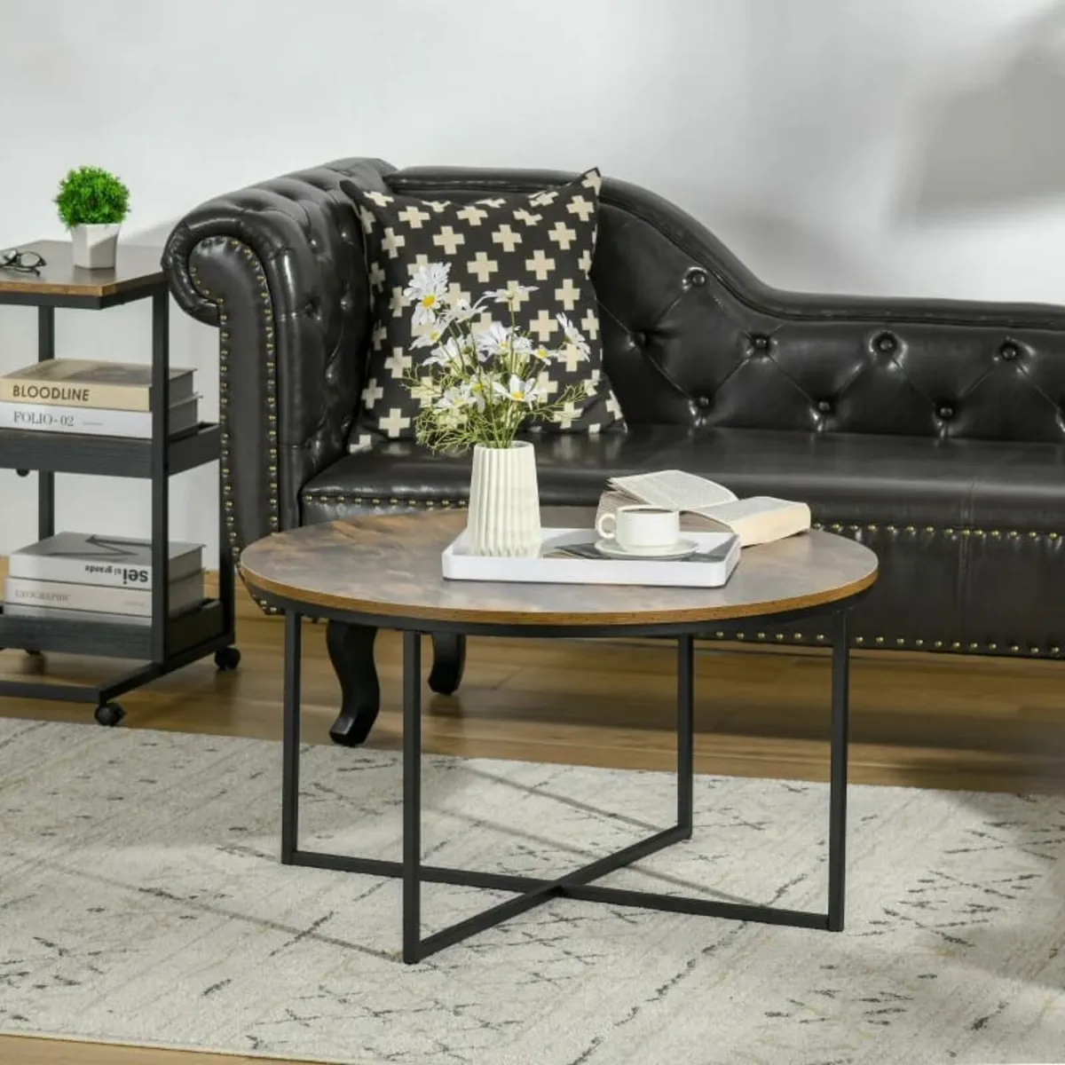 Round Coffee Table, Industrial Side Table with Met - Image 2