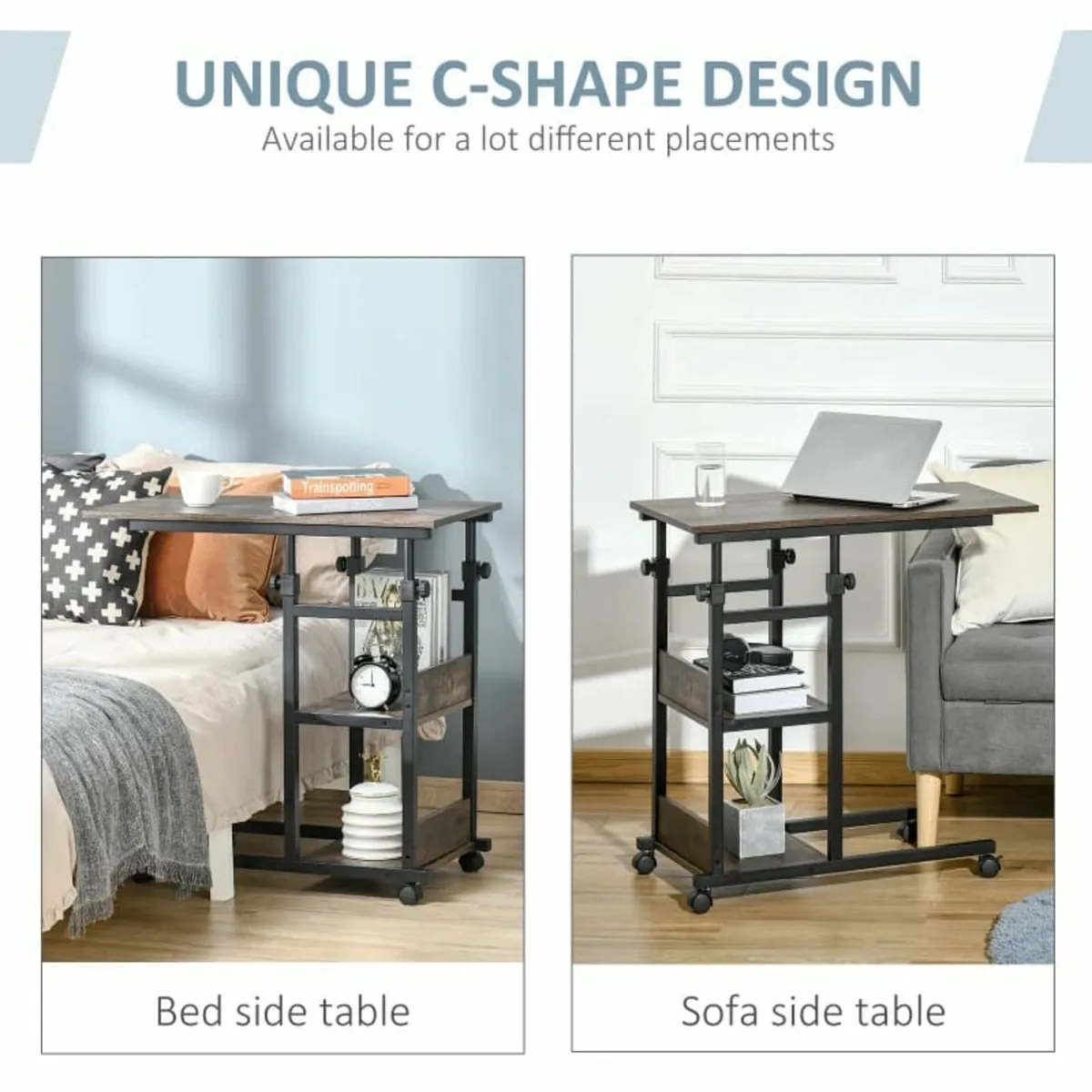 C-Shaped Side Table Industrial Mobile Rolling End - Image 4