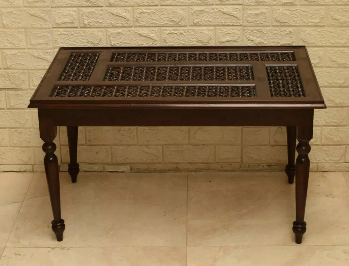 Wood Table with Intricate Lattice Carvings - Image 1