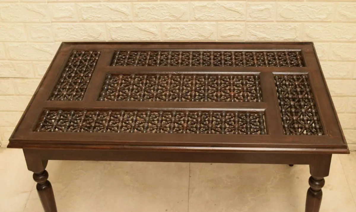Wood Table with Intricate Lattice Carvings - Image 2