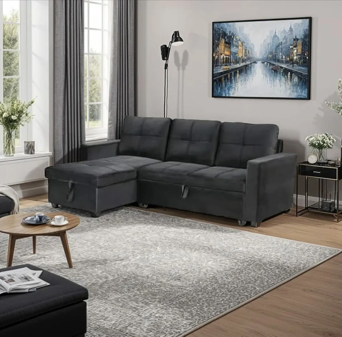 Black Corner Sofa Bed 215cm with Storage Sleep - Image 1