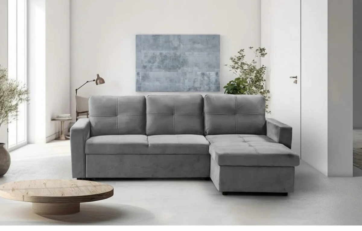 Grey Corner Sofa Bed 215cm with Storage Sleep - Image 1