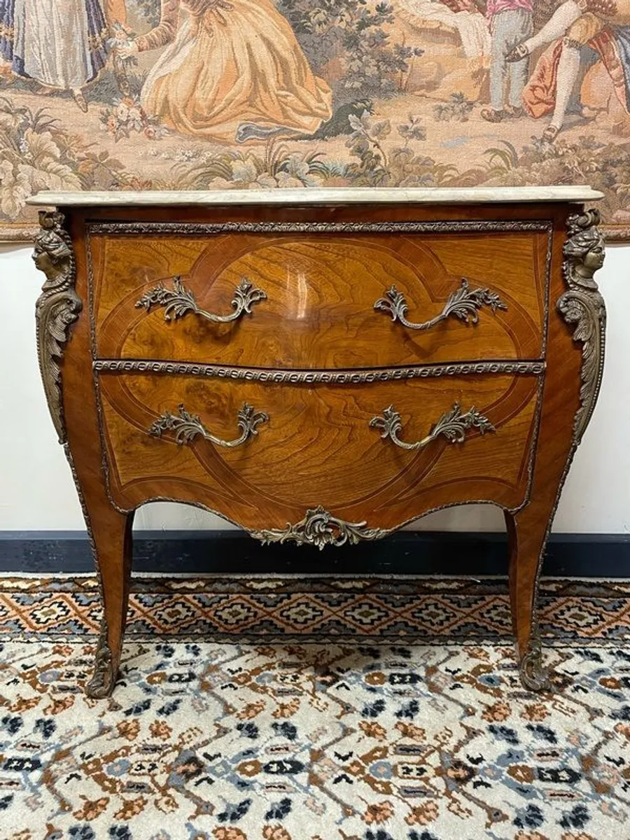 FLASH SALE! Was 795 Now 640 ! Fabulous Louis XV-Style Bombe Marquetry and Marble Top Bombe Chest of Drawers - Image 1