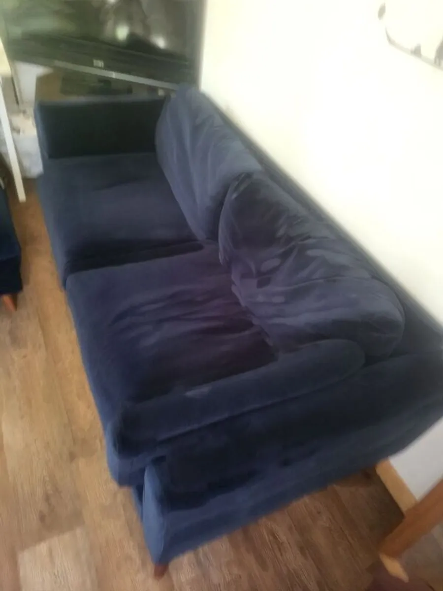 Navy Velvet Sofa + Foot Stool - Image 1