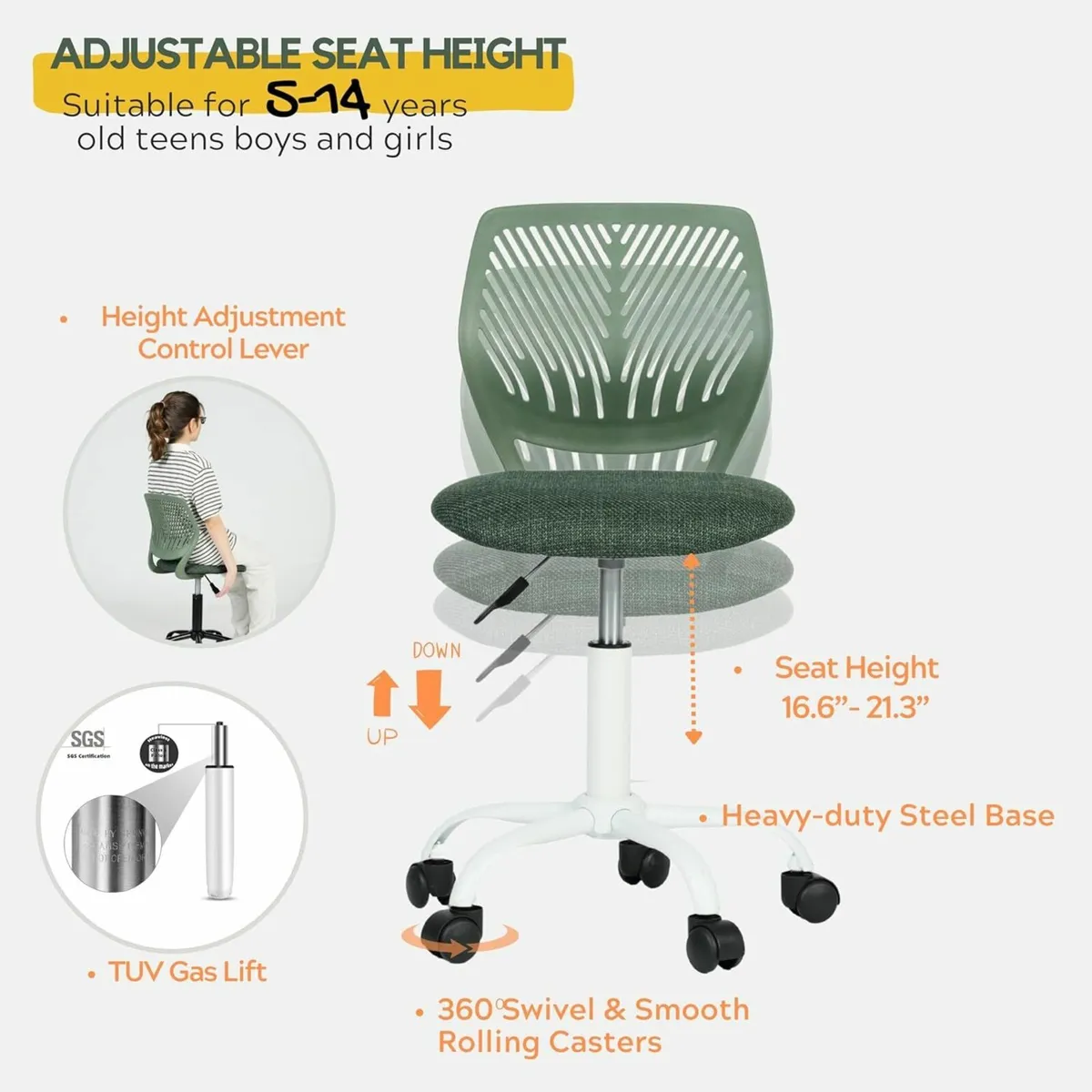 Small Green Desk Chair on Wheels - Image 4