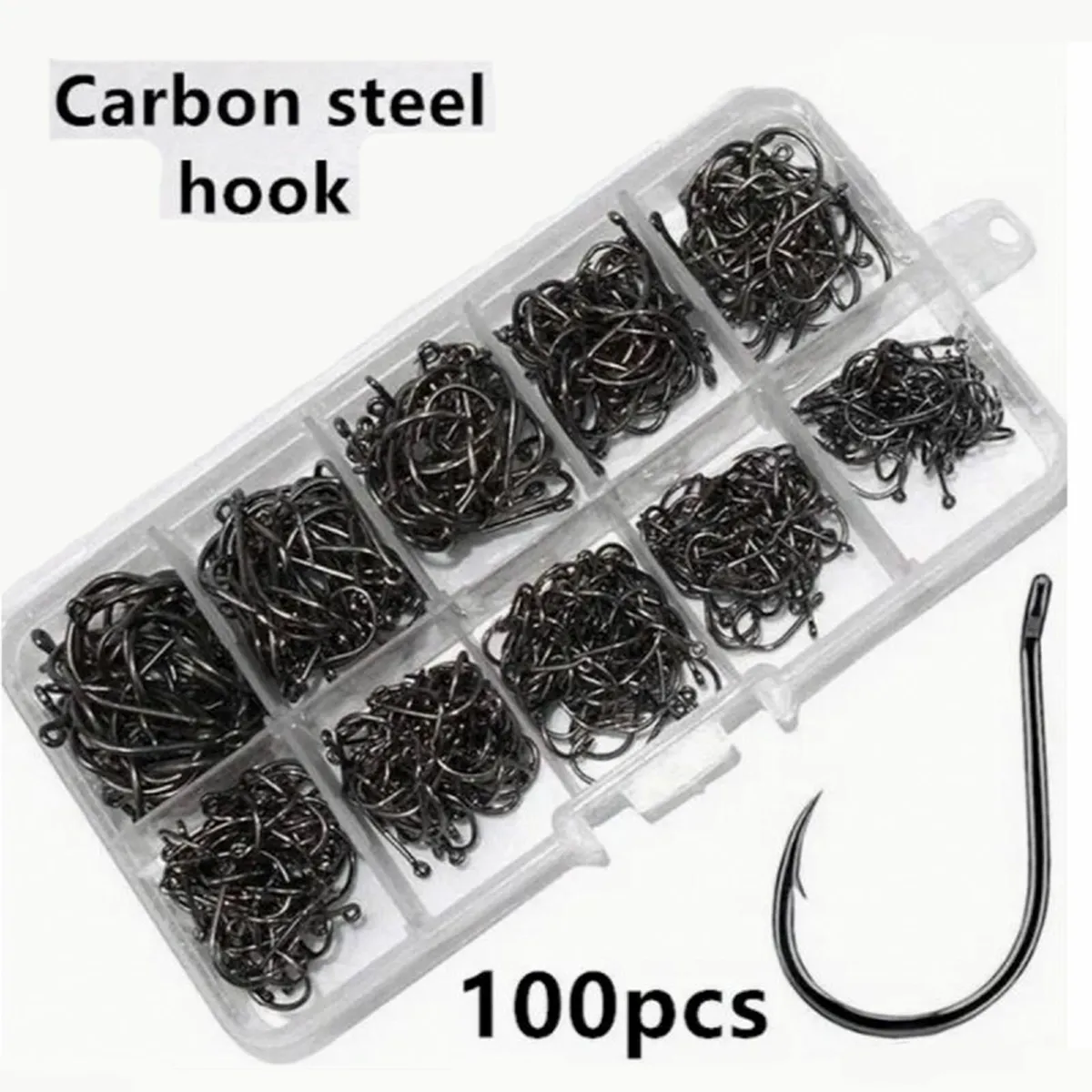 100 PC CARBON STEEL FISHING HOOKS, SIZES (3-12) - Image 3