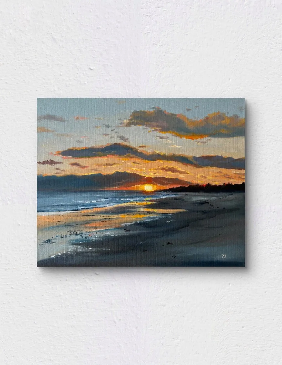 Original Oil Painting Sunset Sea Beach Art Small - Image 1