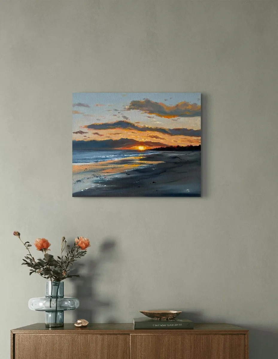 Original Oil Painting Sunset Sea Beach Art Small - Image 2