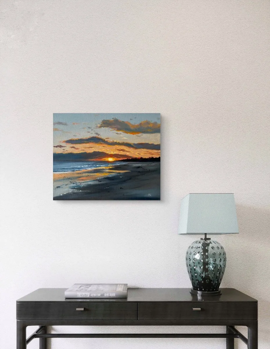 Original Oil Painting Sunset Sea Beach Art Small - Image 3