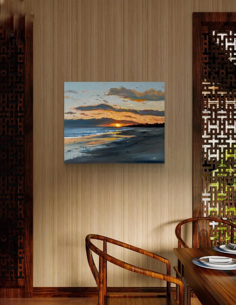 Original Oil Painting Sunset Sea Beach Art Small - Image 4