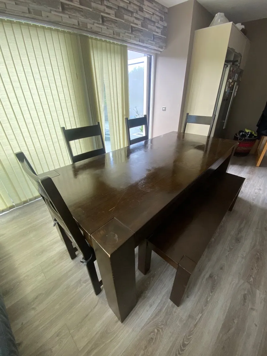 Dinner table, 4 chairs and a bench - Image 4