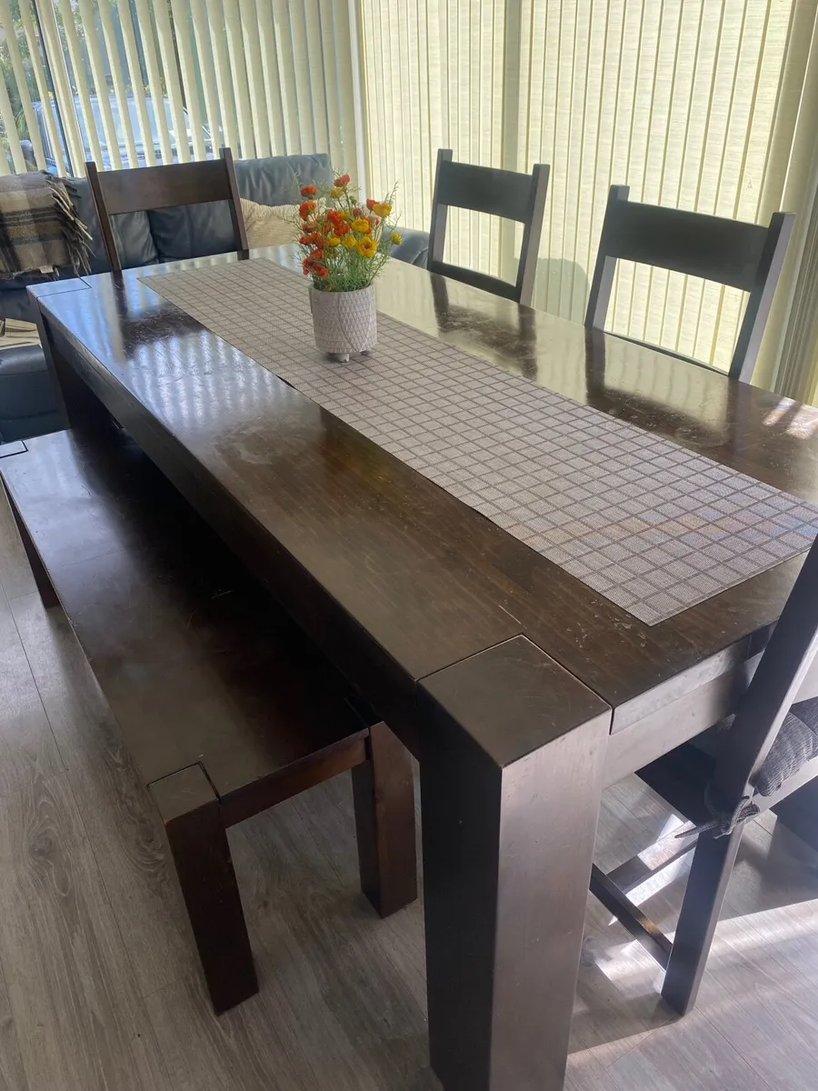 Dinner table, 4 chairs and a bench - Image 1