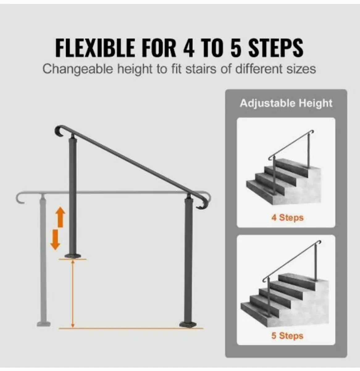 Wrought Iron Handrail, Fit 2 or 3 Steps Outdoor - Image 1