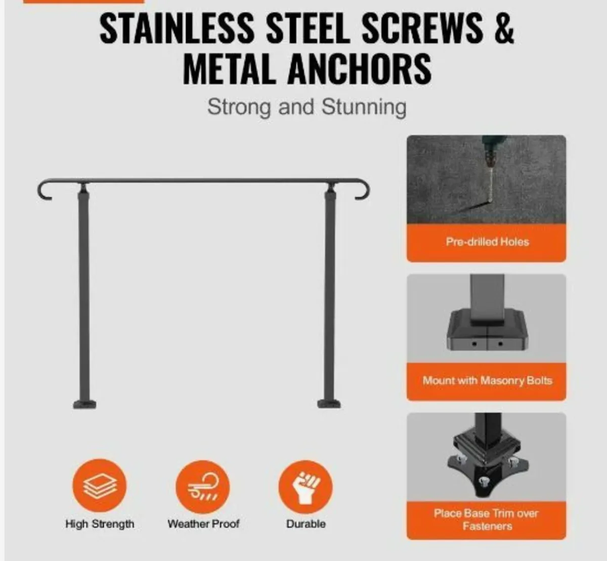 Wrought Iron Handrail, Fit 2 or 3 Steps Outdoor - Image 4