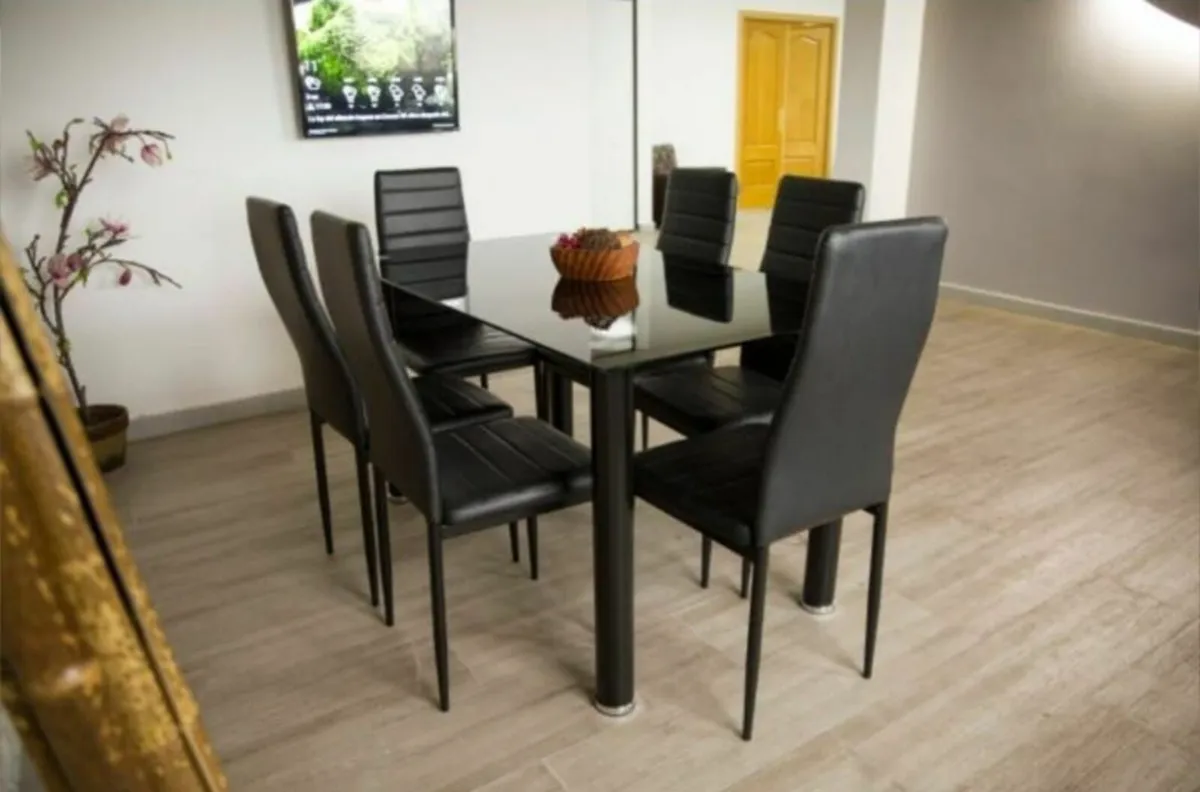 Modern Glass Dining Table Set Seats 6, black - Image 1