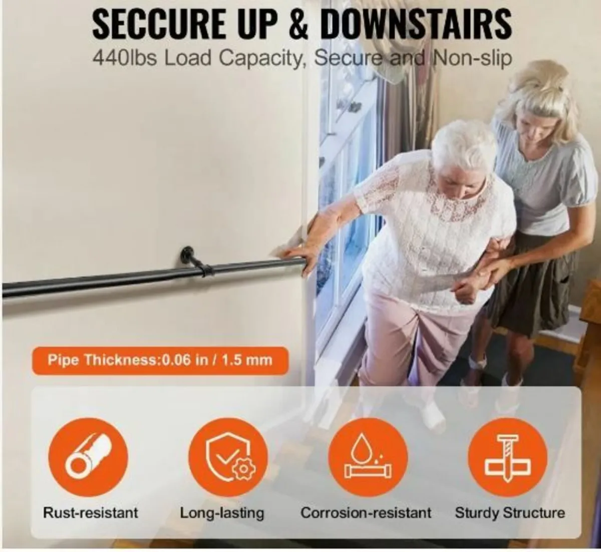 Pipe Stair Handrail, 152.4 cm Staircase Handrail - Image 3