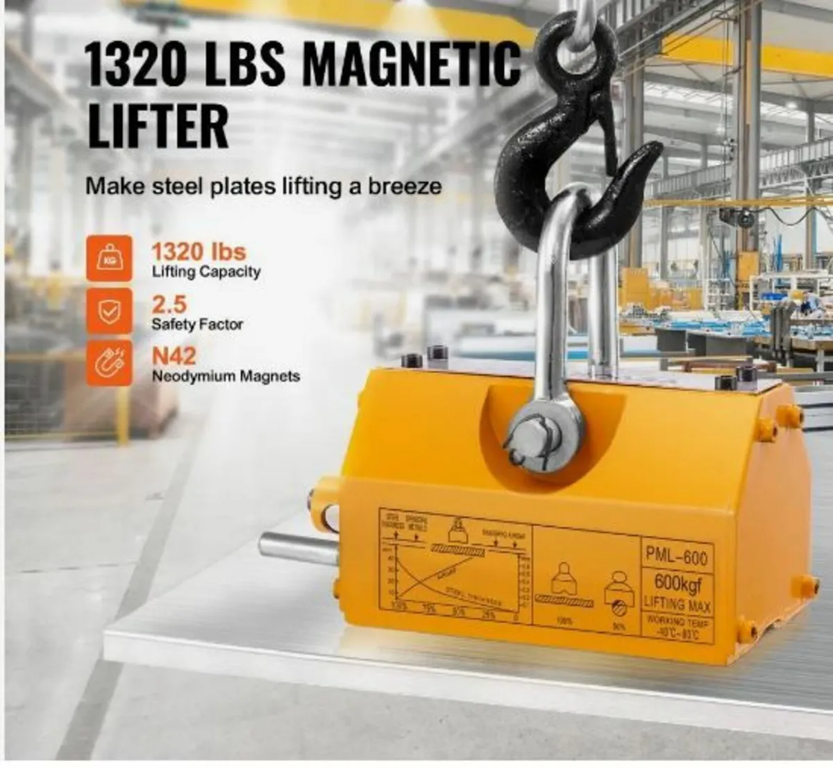 Magnetic Lifter, 1320 lbs/600kg Pulling Capacity - Image 3