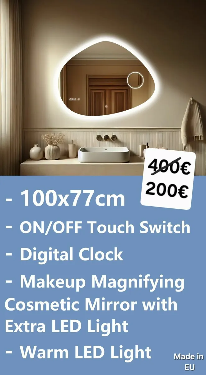 LED Bathroom Mirror Makeup Clock 100x77cm