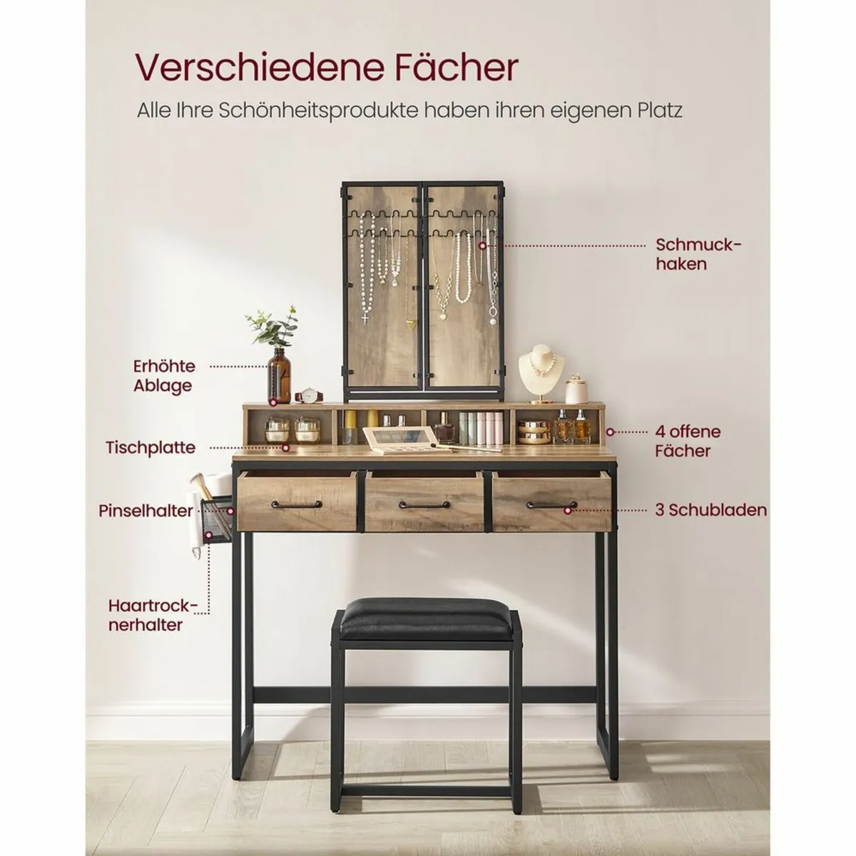 Dressing Table with Padded Stool triple mirror - Image 2