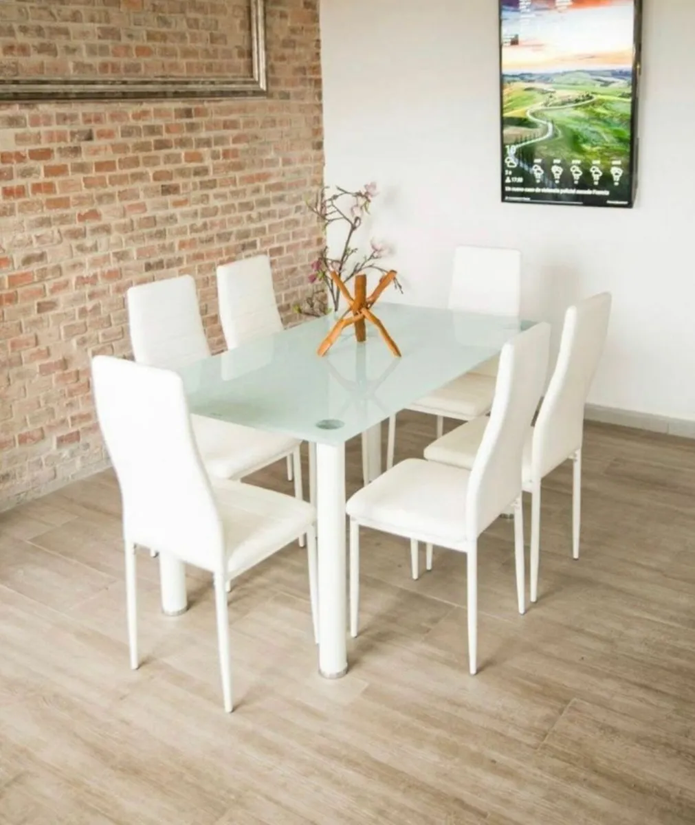 Modern Glass Dining Table Set Seats 6, White - Image 2