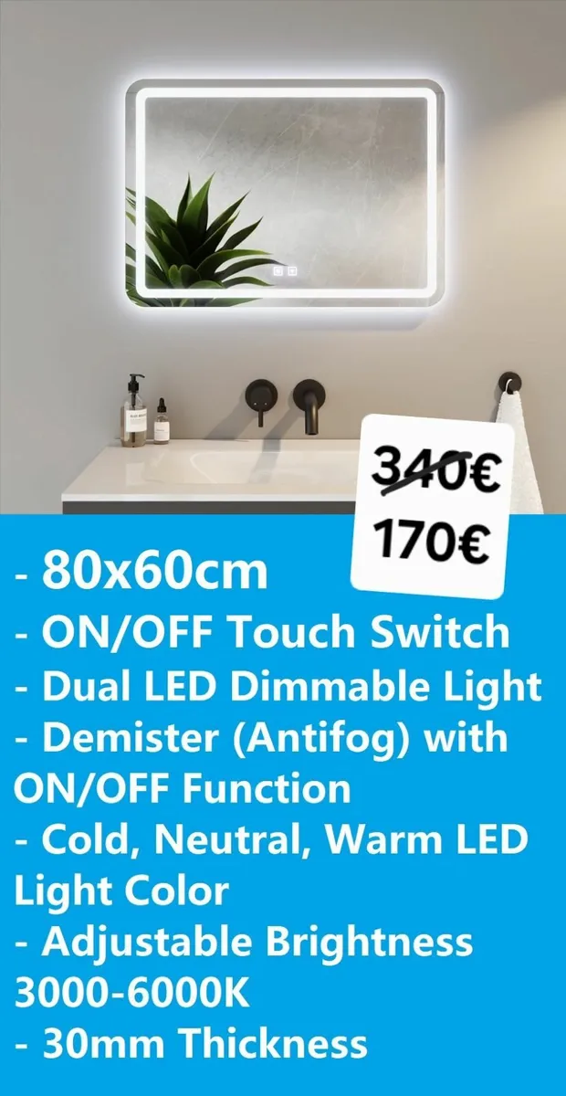 LED Bathroom Mirror Demister Dual LED 80x60cm - Image 1