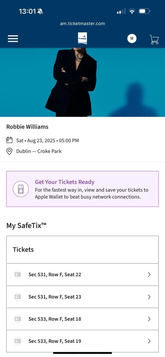 4 premium level Robbie Williams croke park tickets - Image 1