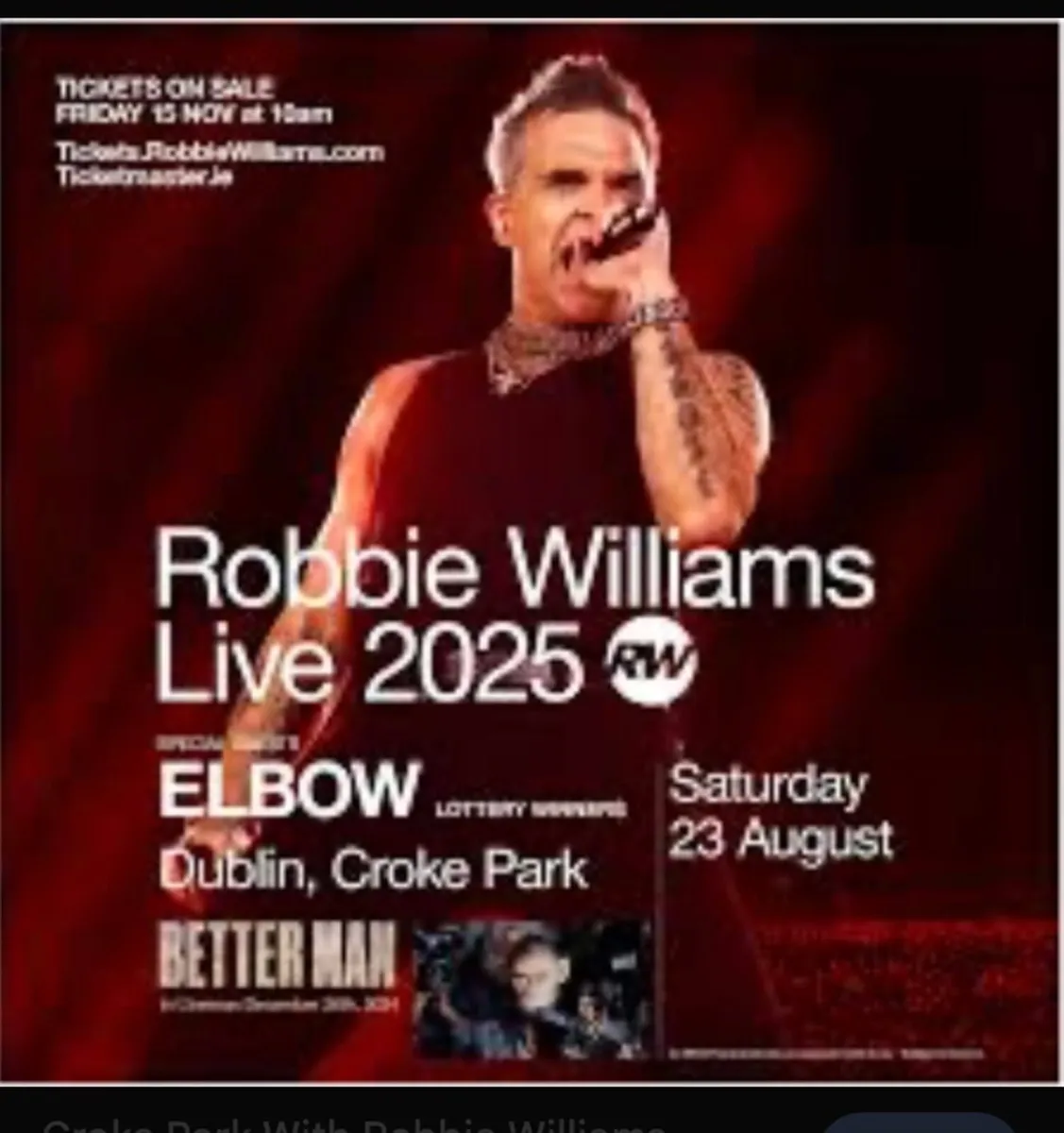 4 premium level Robbie Williams croke park tickets - Image 4