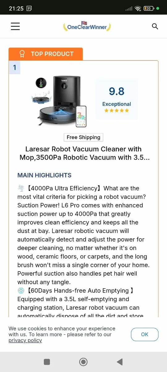 Robovac and mop  Laresar L6 Nex Robot Vacuum - Image 2