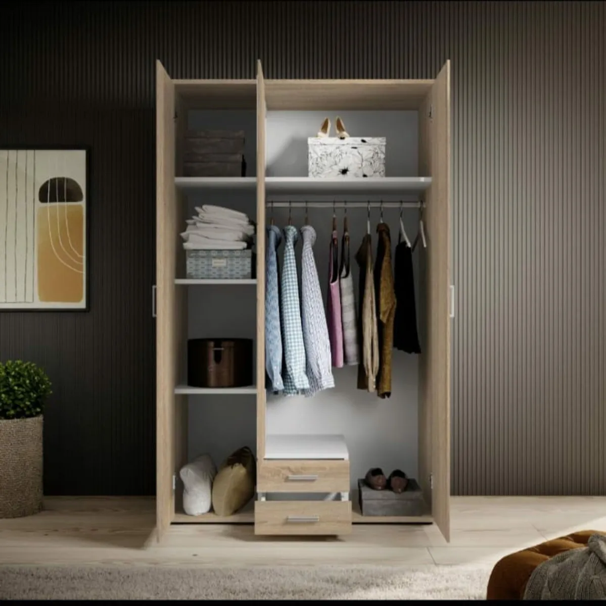 Karl 3-Door Wardrobe with Mirror & Storage Drawers - Image 1
