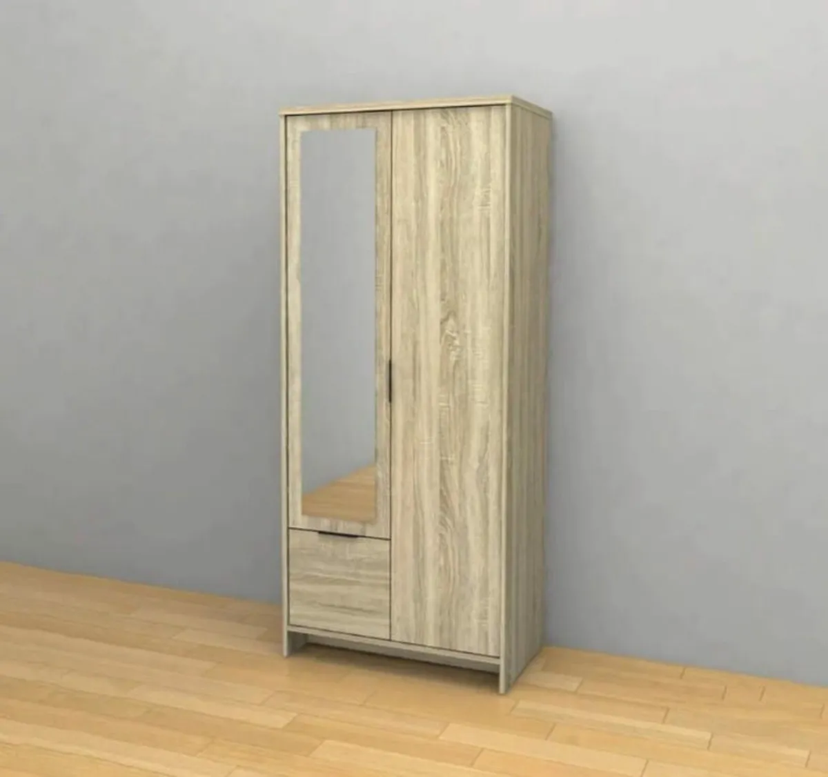 2-Door Oak Wardrobe with Mirror & Storage Drawer - Image 1