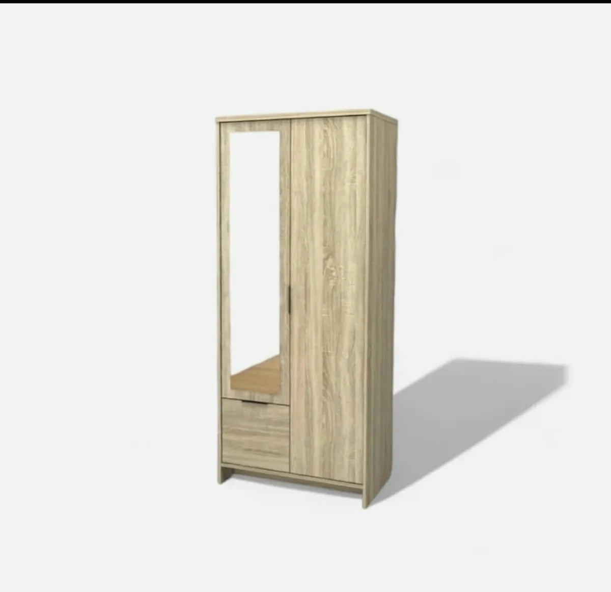 2-Door Oak Wardrobe with Mirror & Storage Drawer - Image 2