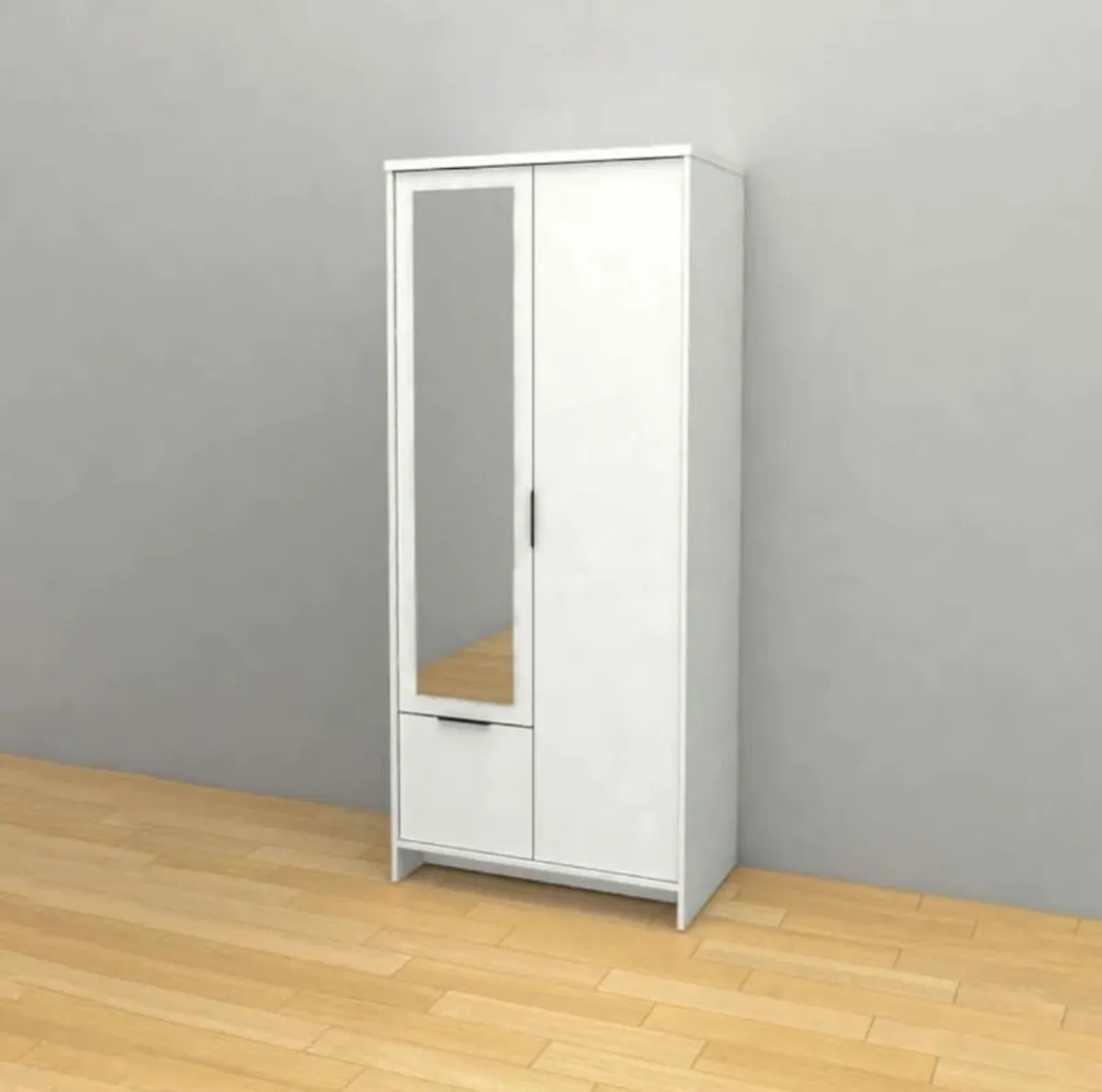 2-Door White Wardrobe with Mirror & Storage Drawer - Image 1