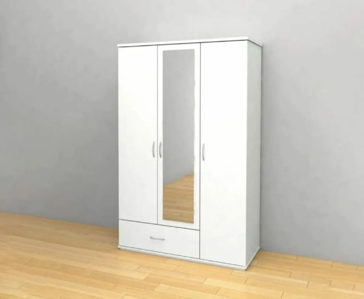 Stylish 3-Door Wardrobe with Mirror & Drawer - Image 2
