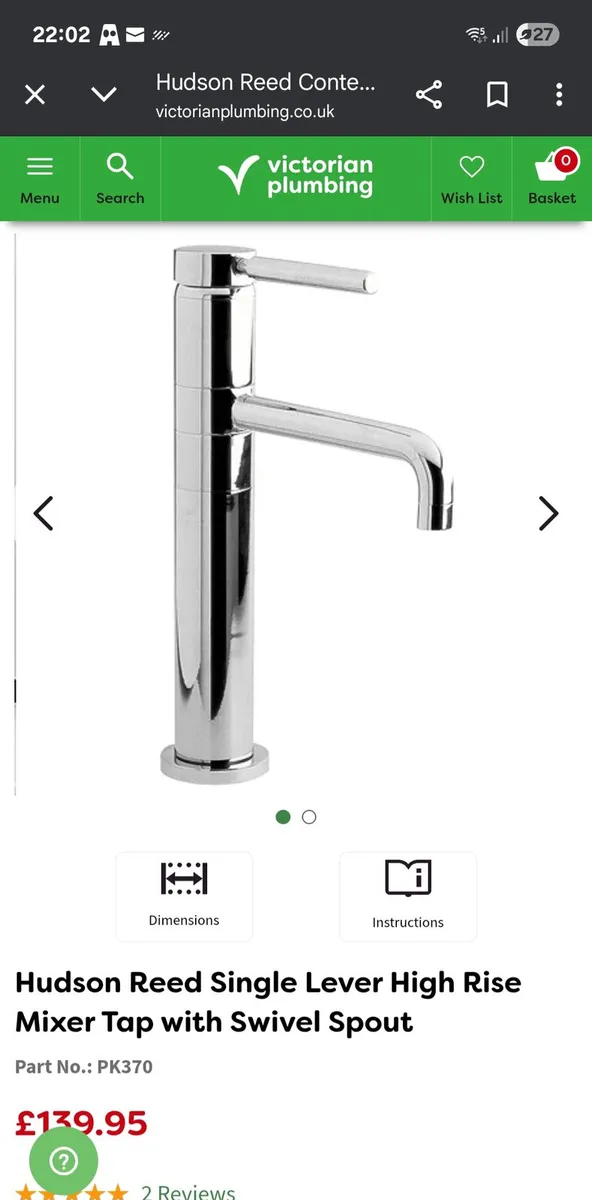 2x Hudson Reed tall basin taps - Image 1