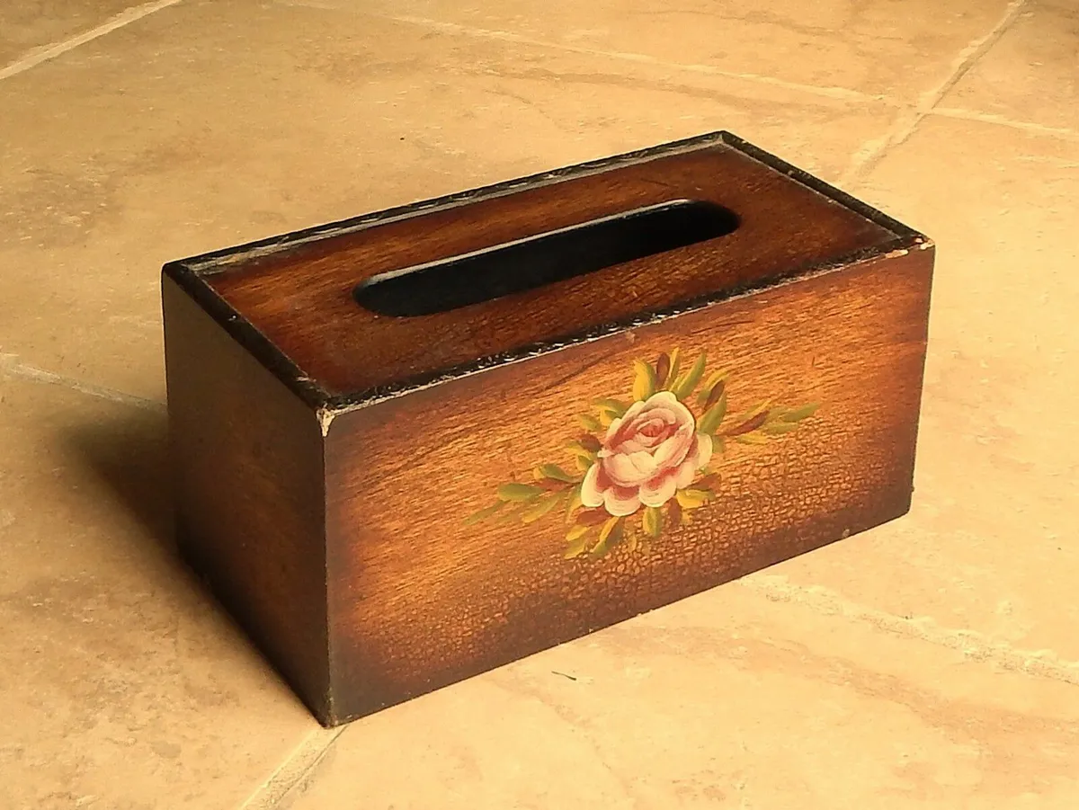 Vintage Hand Decorated Oak Tissue Box - Image 1