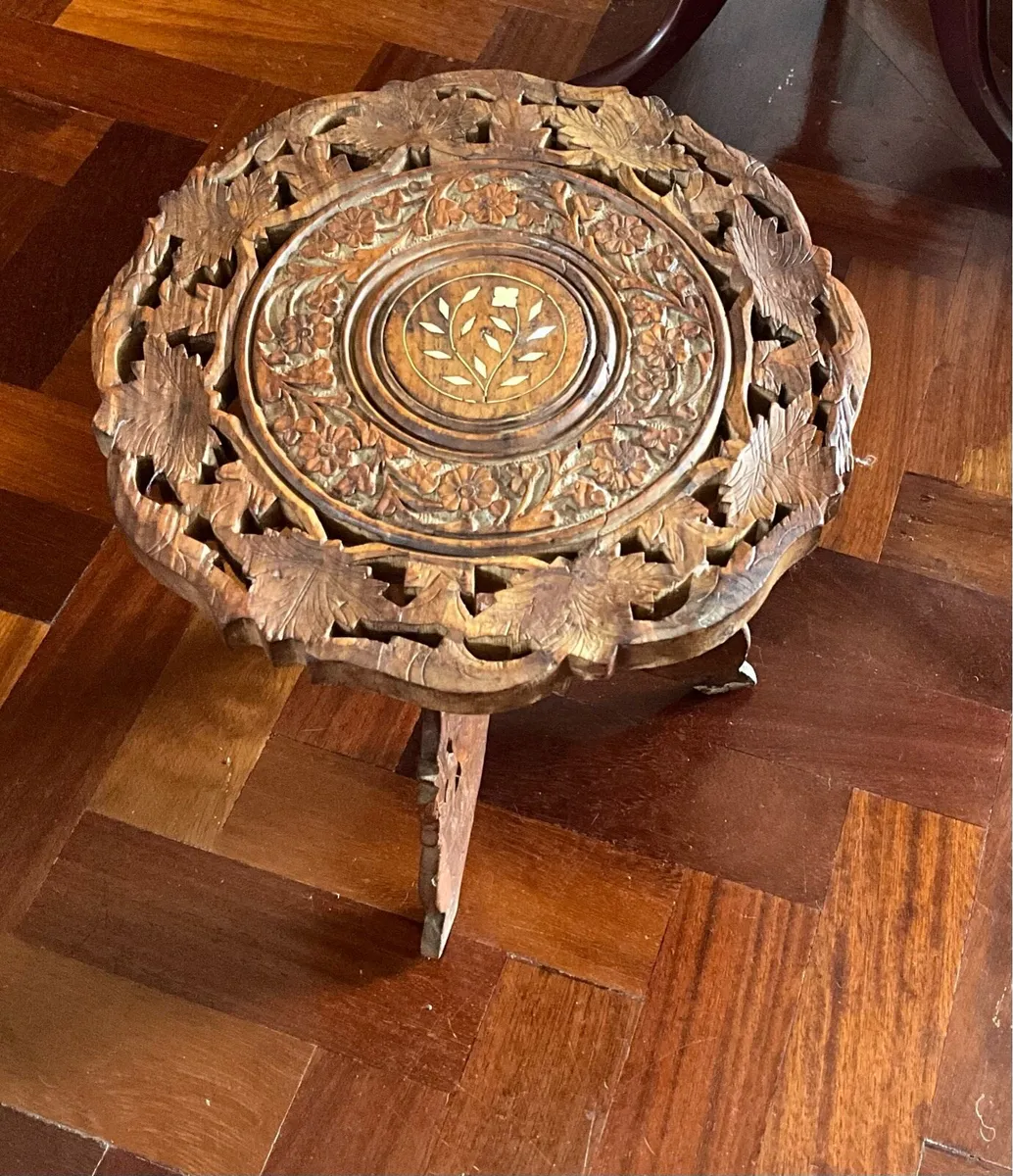 Vintage Hand Carved Decorative Inlaid Wood Plant S - Image 1