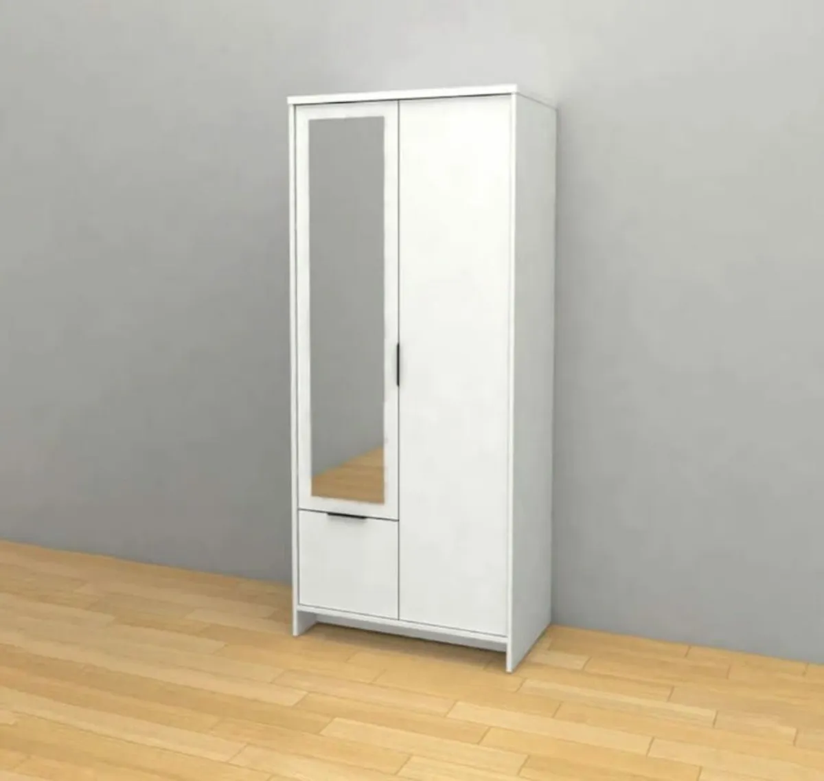 2-Door Wardrobe with Mirror & Drawer – White/Oak - Image 1