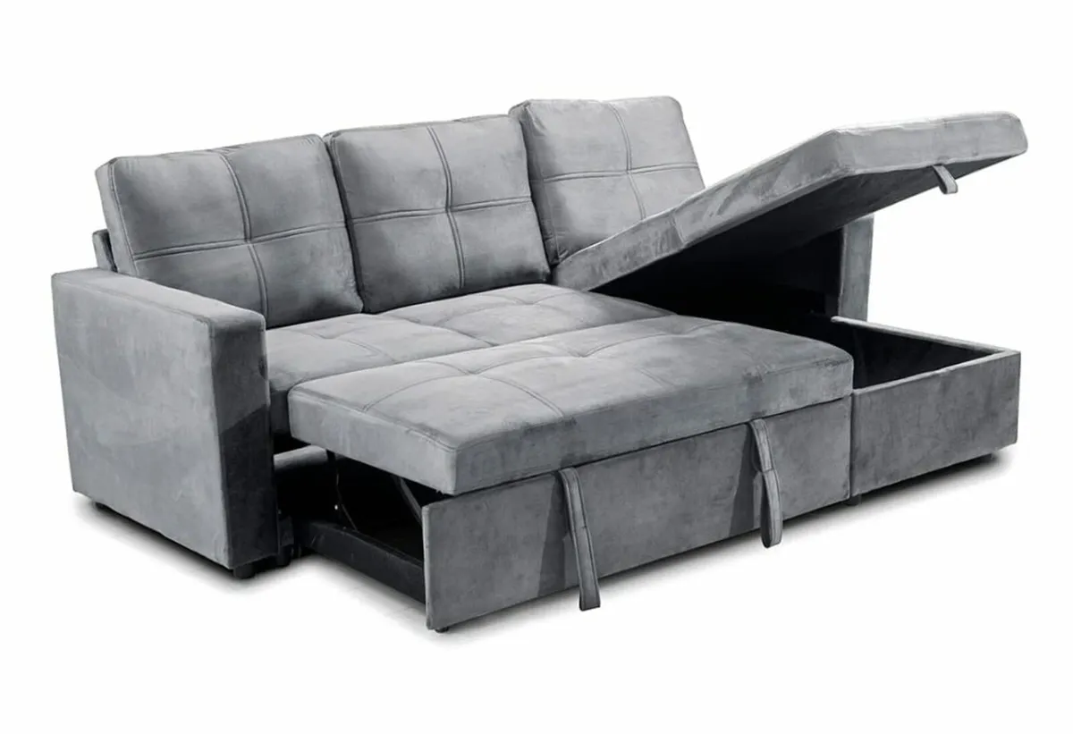 Grey Fabric Corner Sofa Bed with Hidden Storage - Image 3
