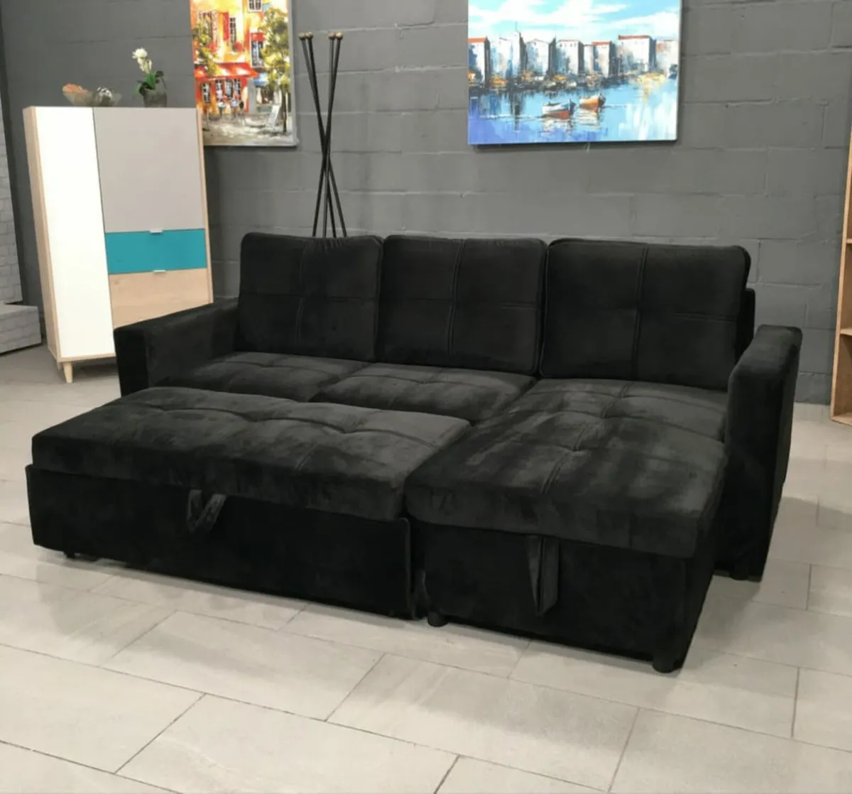 Black Fabric Corner Sofa Bed – Built-In Storage - Image 1