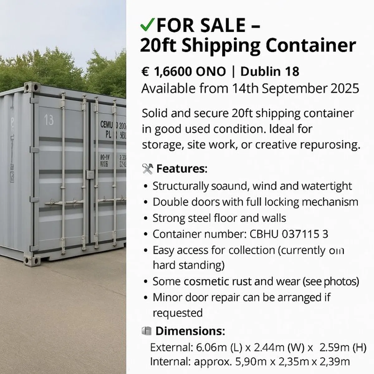 20ft shipping used container - Image 1